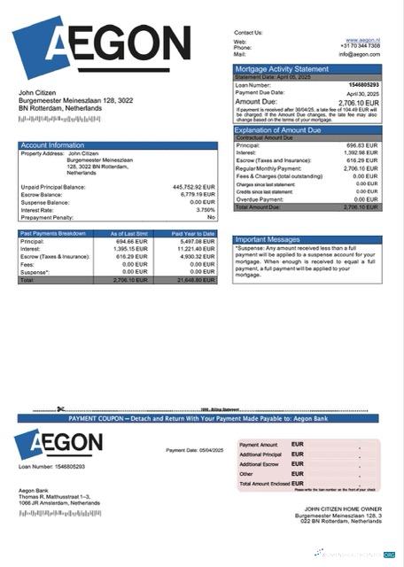 Download Netherlands Aegon Bank mortgage statement Word and PDF template Photoshop template